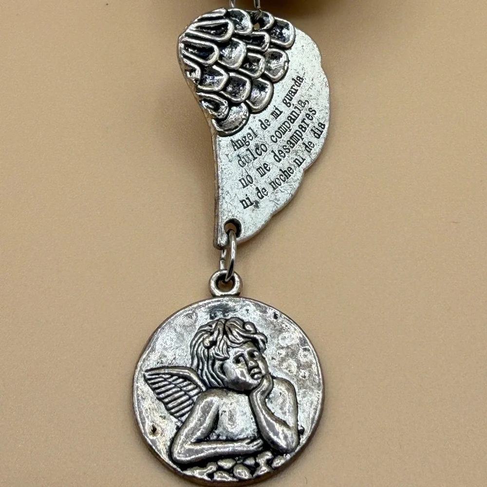 Guardian Angel Keychain Pearl Pink Bead Cherub Wing Charm Religious Prayer Gift